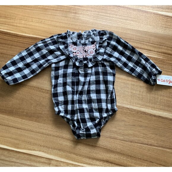 Cat & Jack Baby Girls Black Plaid Bodysuit With Floral Embroidery - Picture 1 of 11